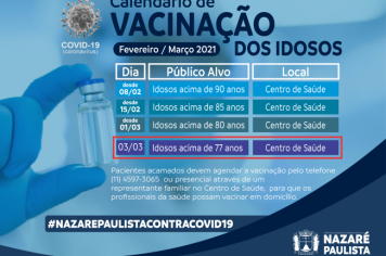 Quarta-feira (03), inicia a vacinação para idosos acima de 77 anos em Nazaré Paulista
