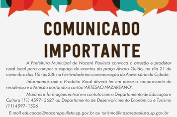 Comunicado aos Artesãos e Produtores Rurais de Nazaré Paulista