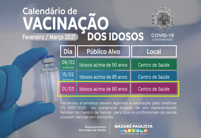 Segunda-feira (01), inicia a Vacinação para idosos acima de 80 anos em Nazaré Paulista
