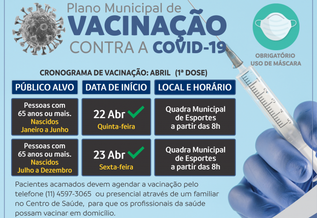 1ª dose: Prefeitura inicia vacinação contra covid-19 para 65 anos nos dia 22 e 23 de abril