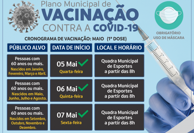1ª dose: Prefeitura inicia vacinação contra covid-19 para 60 anos nos dias 05, 06 e 07 de maio