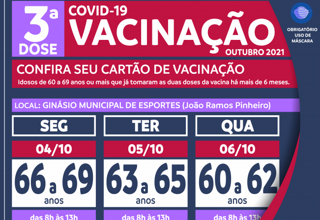 Nazaré Paulista inicia nesta segunda-feira (04) a terceira dose da vacinação contra Covid-19 para idosos entre 60 e 69 anos e Repescagem para pessoas com 12 anos ou mais