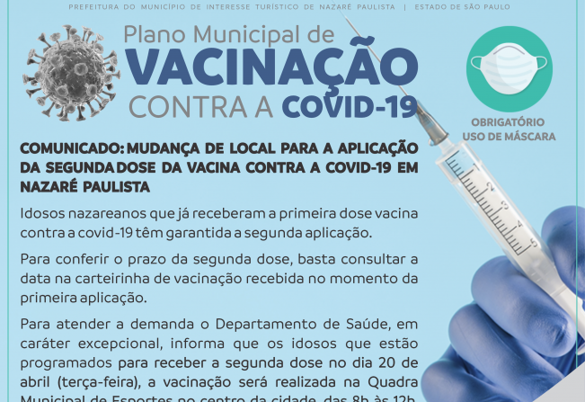 Comunicado: Mudança de local para a aplicação da segunda dose da vacina contra acovid-19 em Nazaré Paulista
