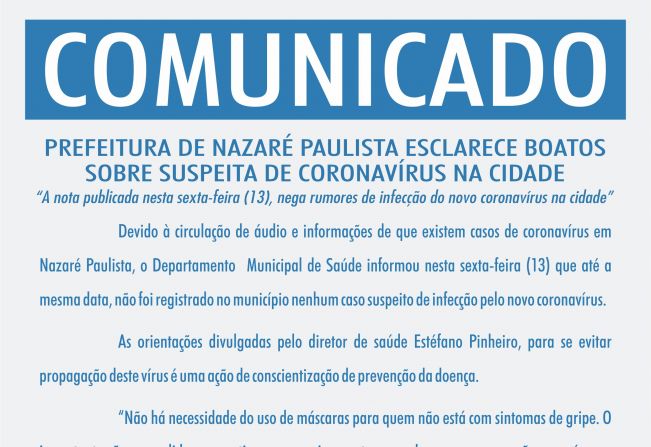 Prefeitura de Nazaré Paulista esclarece boatos sobre suspeita de coronavírus na cidade