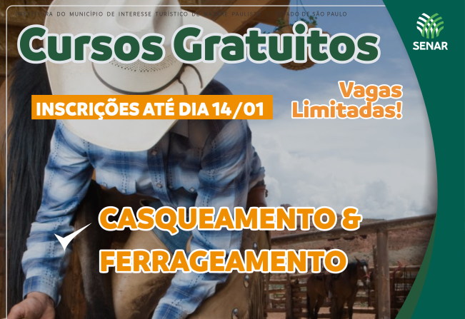 Prefeitura de Nazaré Paulista e Senar abrem inscrições para cursos gratuitos de Casqueamento e Ferrageamento (vagas limitadas)
