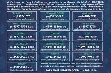 COVID-19/CORONAVÍRUS: Prefeitura de Nazaré Paulista suspende atendimento presencial nas repartições públicas 