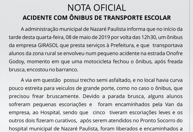 NOTA OFICIAL  - Acidente com ônibus do transporte Escolar 